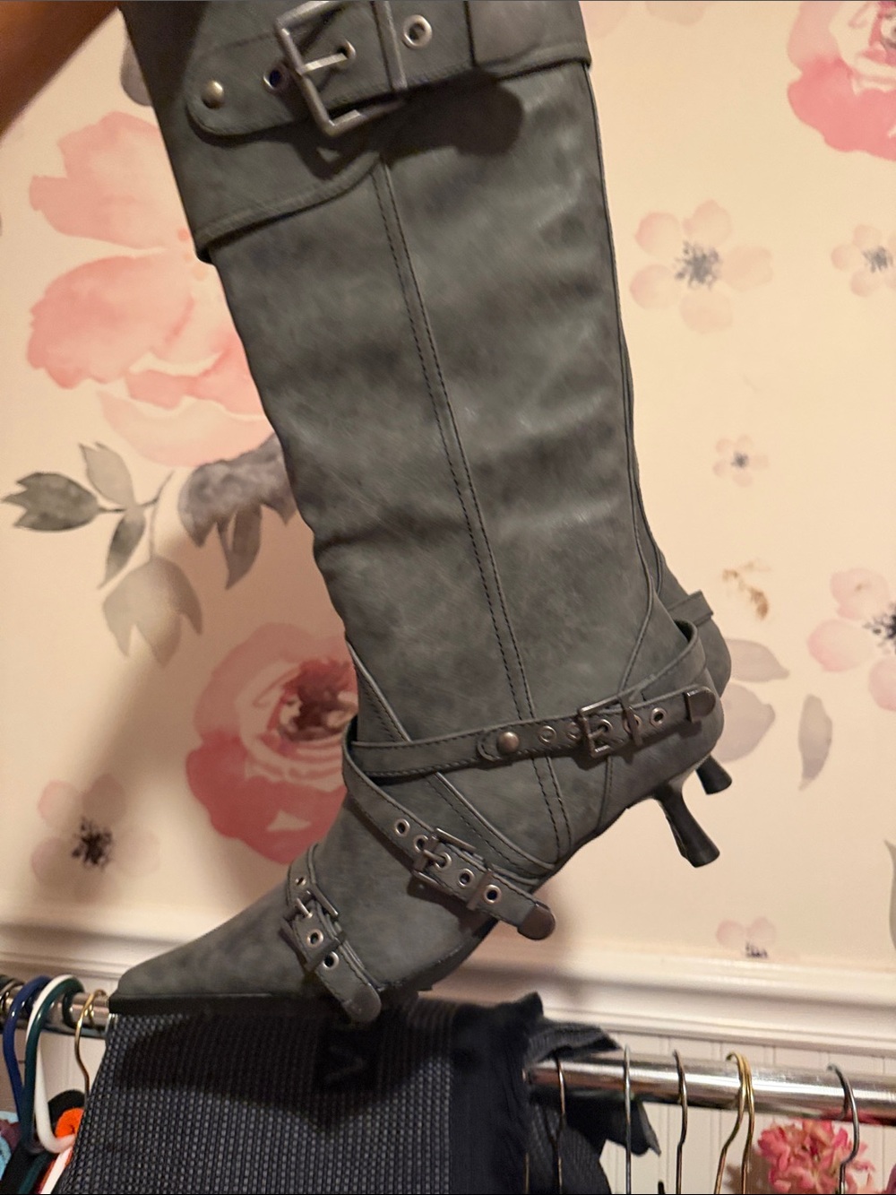 Dolls Kill Gray Over-The-Knee Buckle Kitten-Heel Boots